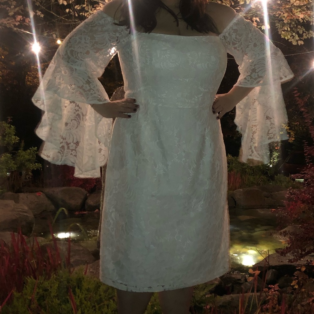 White Lace Off The Shoulder Bell Sleeve Dress